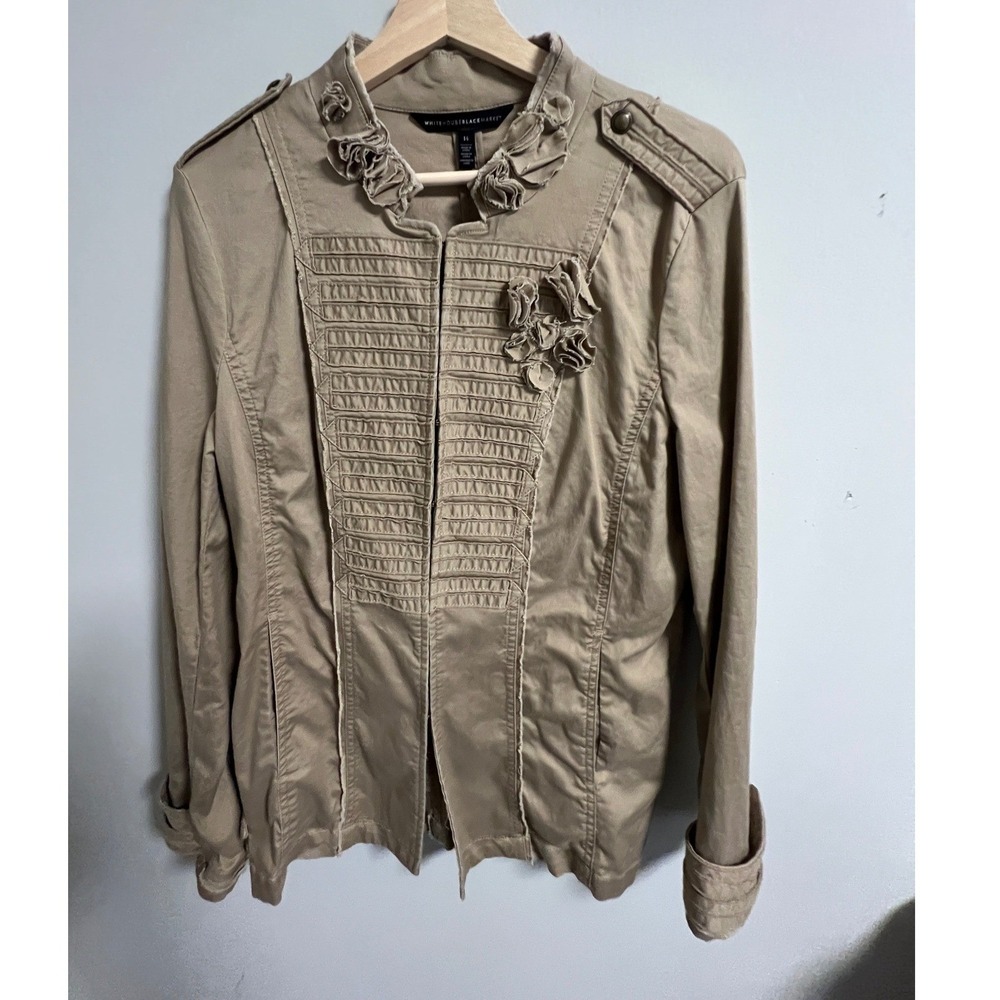 White House Black Market Military Ruffle Jacket Size 14 Tan Cotton Spandex Boho